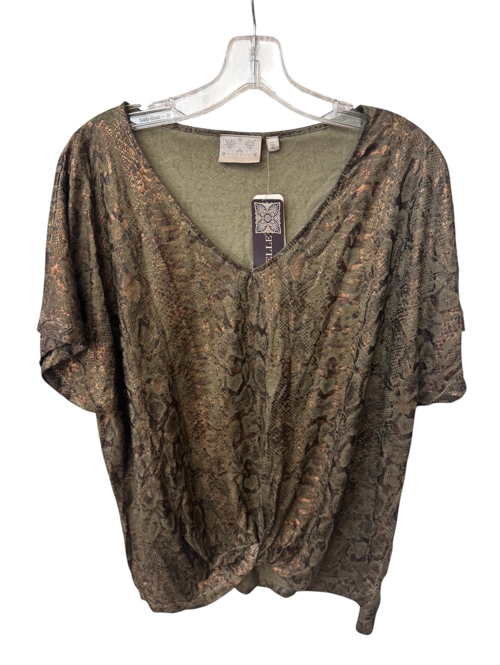 962 NWT Dantelle XL 25" PTP Olive Green & Gold Twist Front Top A0000962